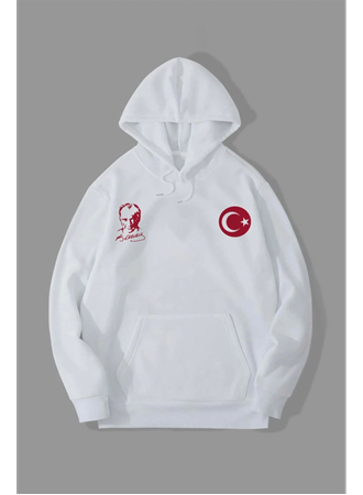 10 Kasıma Özel Üç İplik Kapşonlu Baskılı SweatShirt - Beyaz