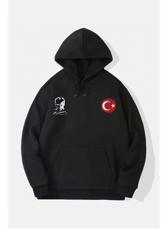 10 Kasıma Özel Üç İplik Kapşonlu Baskılı SweatShirt - Siyah