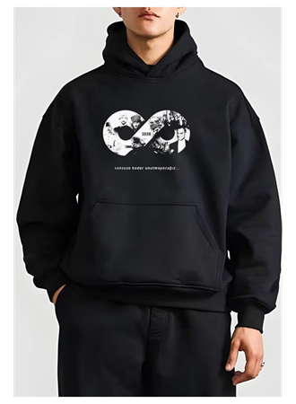 10 Kasıma Özel Üç İplik Kapşonlu Baskılı SweatShirt - Siyah