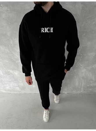 Uzun Kol Kapşonlu Göğüs Baskılı SweatShirt - Siyah