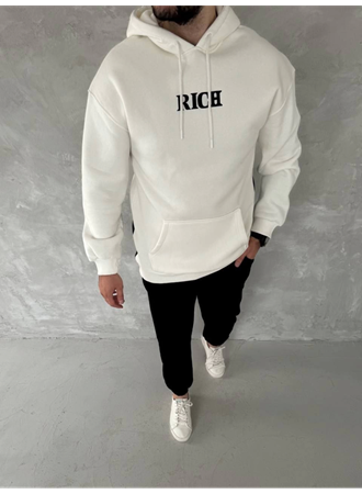 Uzun Kol Kapşonlu Göğüs Baskılı SweatShirt - Beyaz