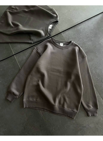 Kışlık Bisiklet Yaka Üç İplik Basic SweatShirt - Füme