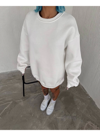 Kışlık Bisiklet Yaka Üç İplik Basic SweatShirt - Beyaz