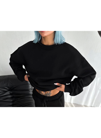 Kışlık Bisiklet Yaka Üç İplik Basic SweatShirt - Siyah