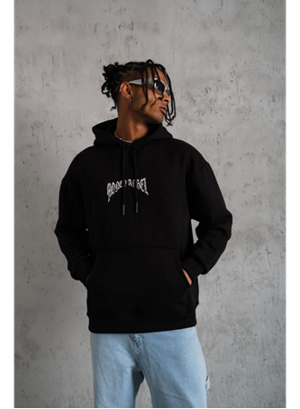 Erkek Kordon İpli Baskılı Kapüşonlu Sweatshirt - Siyah