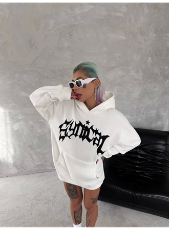 Unisex Üç İplik Kapşonlu Baskılı SweatShirt - Beyaz