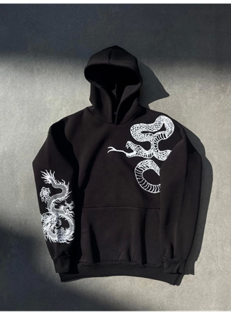 Uzun Kol Kapşonlu Baskılı SweatShirt - Siyah