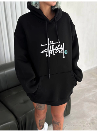 Üç İplik Kapşonlu Baskılı SweatShirt - Siyah