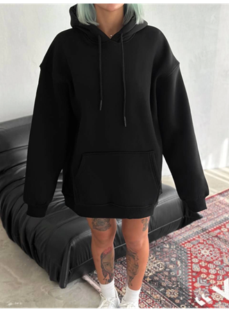 Kapşonlu Üç İplik Penye Basic SweatShirt - Siyah