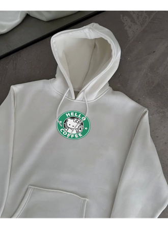 Üç İplik Penye Uzun Kol Kapşonlu SweatShirt - Beyaz