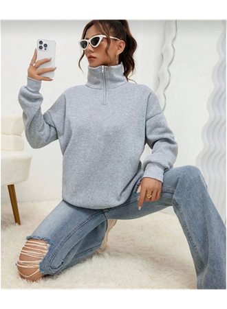 Unisex Uzun Kol Yarım Farmuarlı Yakalı Basic SweatShirt - Gri