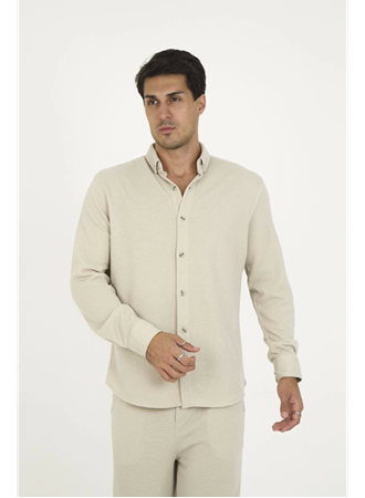 Düğmeli Tam Kalıp Uzun Kol Jakar Gömlek - Gri