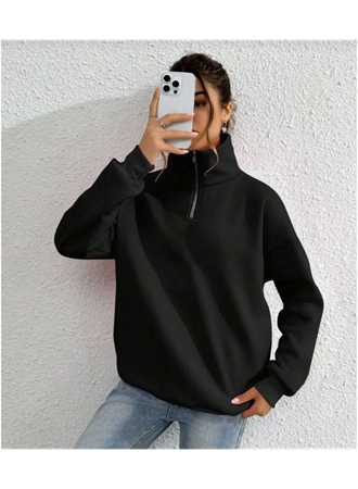 Unisex Uzun Kol Yarım Farmuarlı Yakalı Basic SweatShirt - Siyah