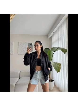 Unisex İçi Astarlı Düz Bomber Ceket - Siyah