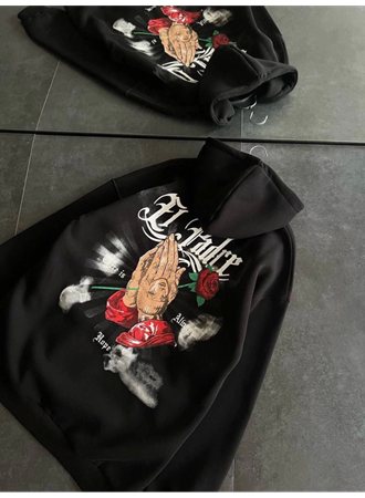 Üç İplik Penye Uzun Kol Kapşonlu Baskılı SweatShirt - Siyah