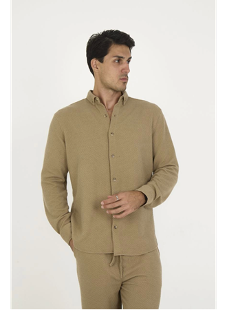 Düğmeli Tam Kalıp Uzun Kol Jakar Gömlek - Kahverengi