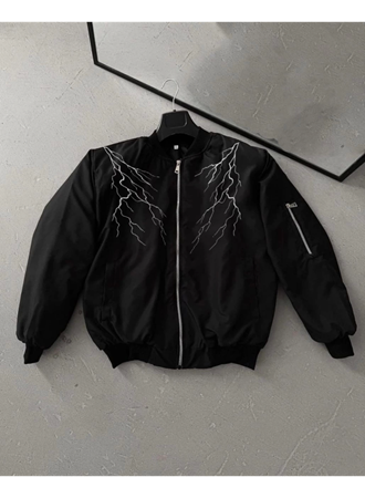Yıldırım Baskılı Uzun Kol Bomber Ceket - Siyah