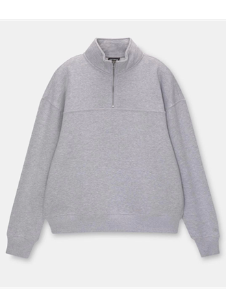 Oversize Yarım Farmuarlı Yakalı Basic SweatShirt - Gri
