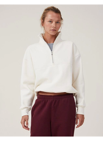 Oversize Yarım Farmuarlı Yakalı Basic SweatShirt - Beyaz