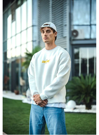 Kışlık Bisiklet Yaka Baskılı SweatShirt - Beyaz