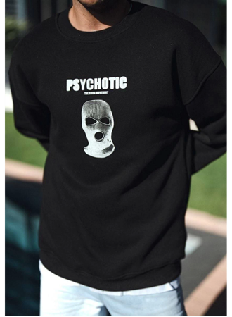 Kışlık Bisiklet Yaka Baskılı SweatShirt - Siyah