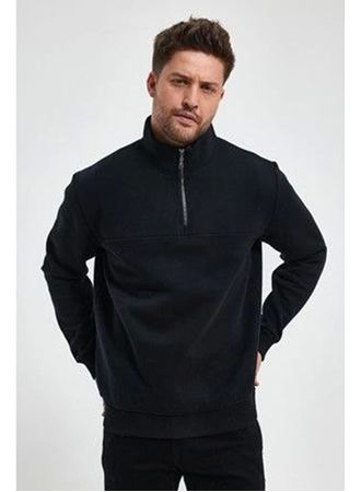 Oversize Yarım Farmuarlı Yakalı Basic SweatShirt - Siyah