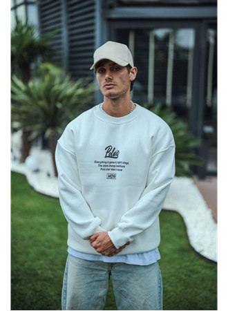 Kışlık Bisiklet Yaka Ön Ve Arka Baskılı SweatShirt - Beyaz