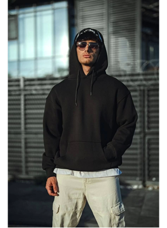 Üç İplik Penye Kapşonlu Basic SweatShirt - Siyah