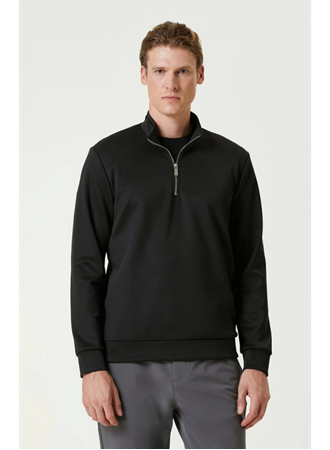 Unisex Uzun Kol Yarım Farmuarlı Yakalı Basic SweatShirt - Siyah