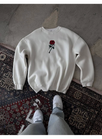 Unisex Bisiklet Yaka Ön Ve Arka Baskılı SweatShirt - Beyaz
