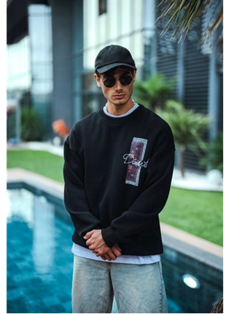 Uzun Kol Bisiklet Yaka Ön Ve Arka Baskılı SweatShirt - Siyah