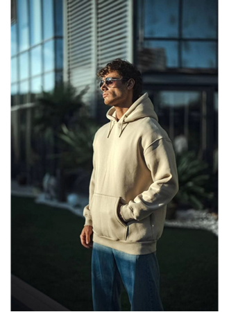 Üç İplik Penye Kapşonlu Basic SweatShirt - Bej