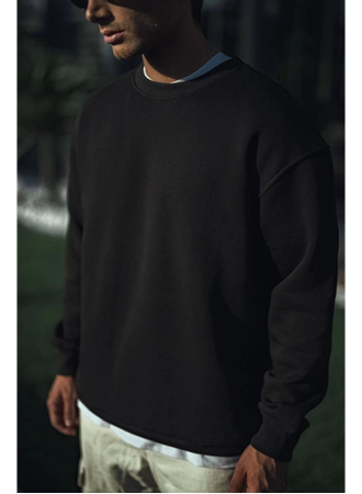 Kışlık Bisiklet Yaka Üç İplik Basic SweatShirt - Siyah