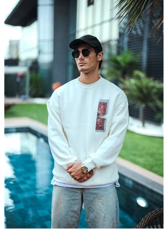 Uzun Kol Bisiklet Yaka Ön Ve Arka Baskılı SweatShirt - Beyaz