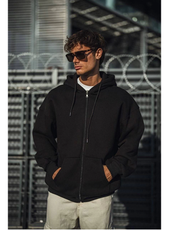 Oversize Tam Fermuarlı Uzun Kol Hırka - Siyah