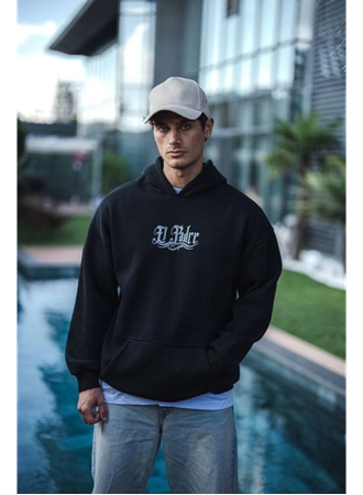 Üç İplik Penye Kapşonlu Baskılı SweatShirt - Siyah