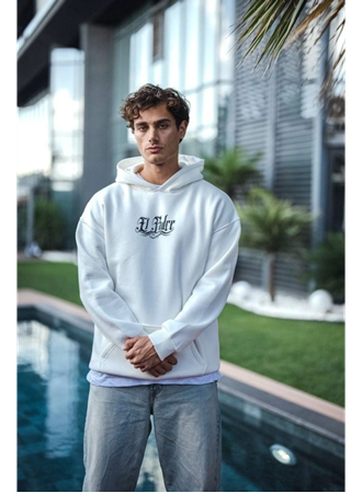Üç İplik Penye Kapşonlu Baskılı SweatShirt - Beyaz