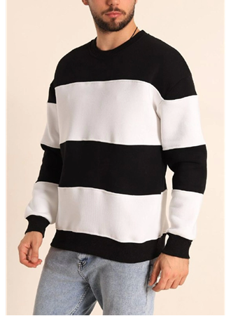 Parçalı Bisiklet Yaka Baskılı SweatShirt - Siyah