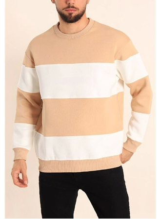 Parçalı Bisiklet Yaka Baskılı SweatShirt - Bej