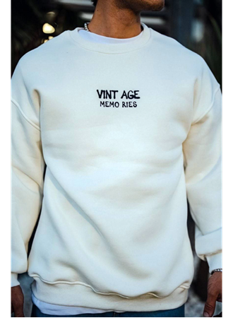 Oversize Bisiklet Yaka Üç İplik Baskılı SweatShirt - Beyaz