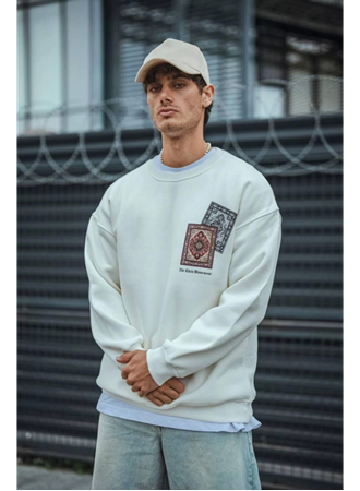 Uzun Kol Bisiklet Yaka Baskılı SweatShirt - Beyaz