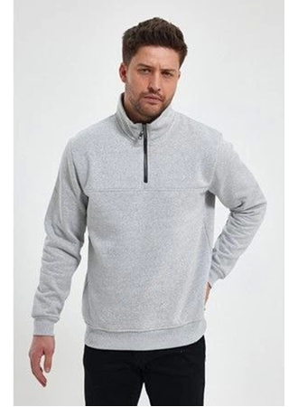 Oversize Yarım Farmuarlı Yakalı Basic SweatShirt - Gri