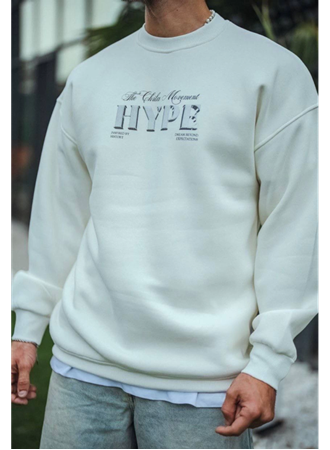 Üç İplik Bisiklet Yaka Baskılı SweatShirt - Beyaz