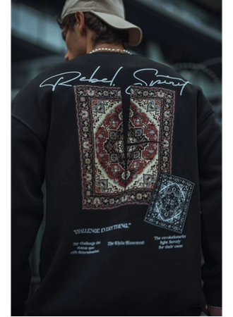Uzun Kol Bisiklet Yaka Baskılı SweatShirt - Siyah