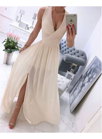 Kadın şifon Kumaş V Yaka Sıfır Kol Maxi Boy Elbise