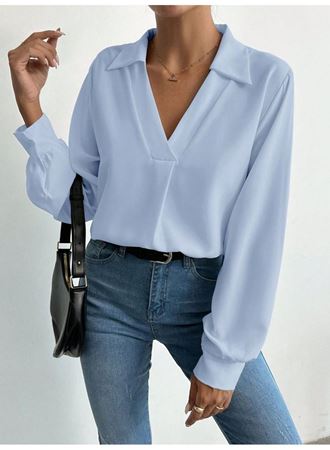 Kadın V Yaka Uzun Kollu Mosskrep Kumaş Bluz