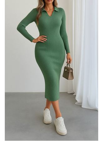 Kadın Uzun Kollu Yakalı Triko Elbise