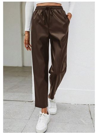 Kadın Yüksel Bel Bağcıklı Deri Pantolon