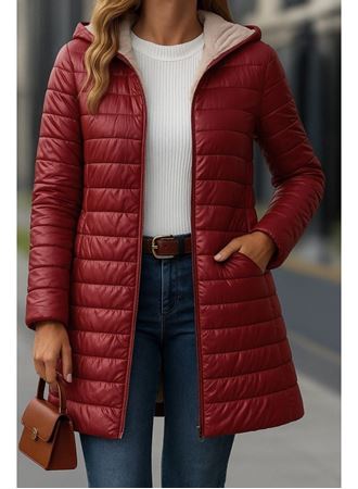 Kadın Uzun Kollu Kapşonlu Cep Detaylı Fermuarlı Orta Boy Mont