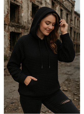 Kadın Uzun Kollu Kapşonlu Bağcıklı Cepli Capitone Sweatshirt